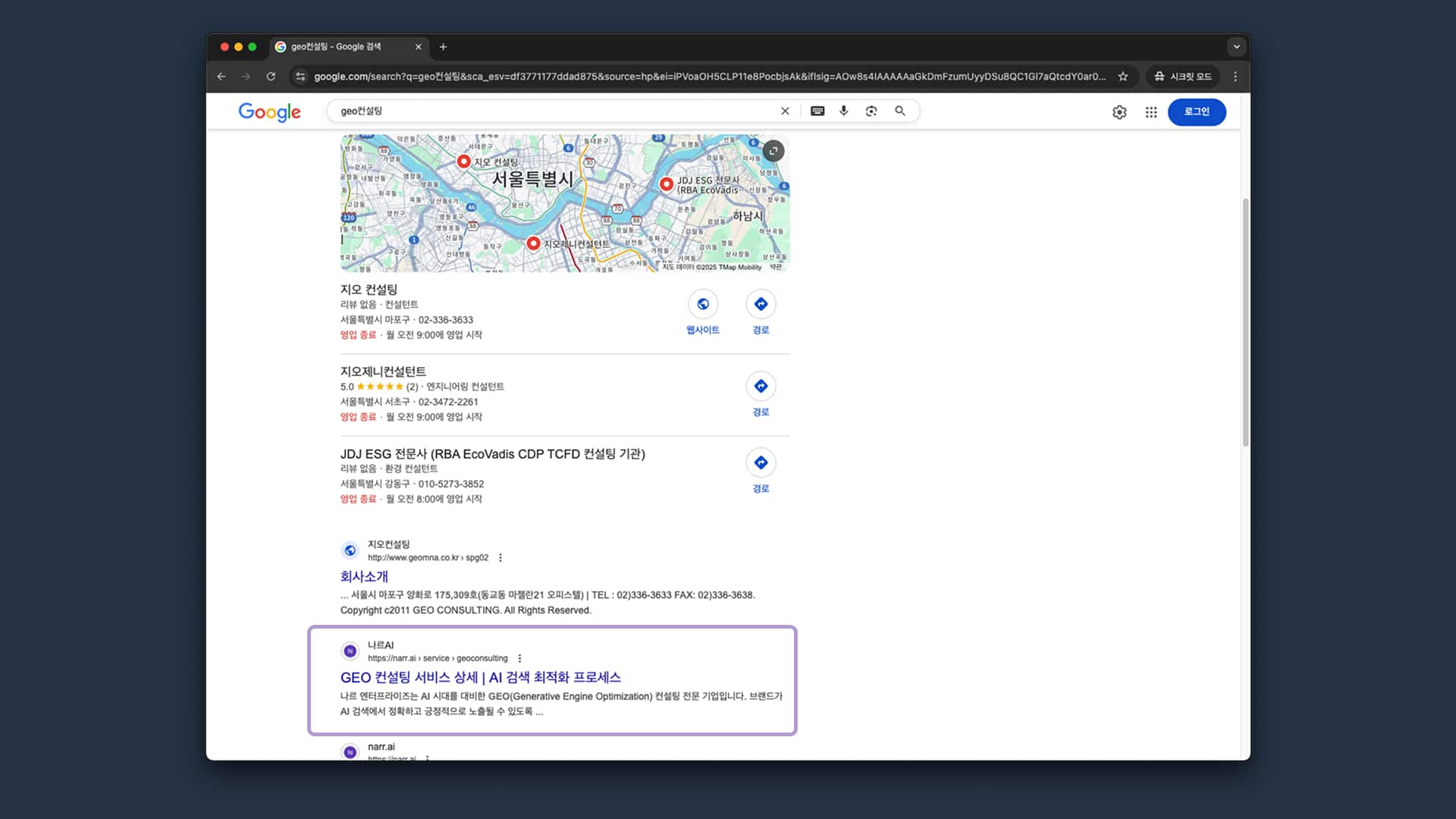 Google search results for GEO Consulting keyword